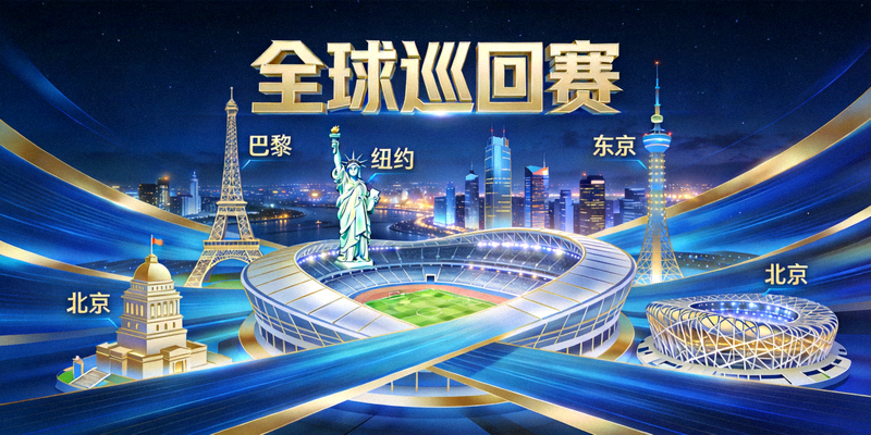 全球巡回赛多个城市地标与赛场融合概念图