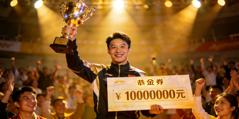 赛事冠军高举奖杯与奖金支票的荣耀时刻