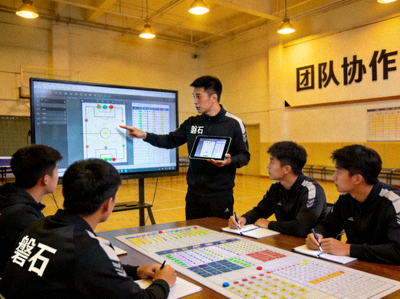选手'磐石'在训练基地与队友复盘比赛